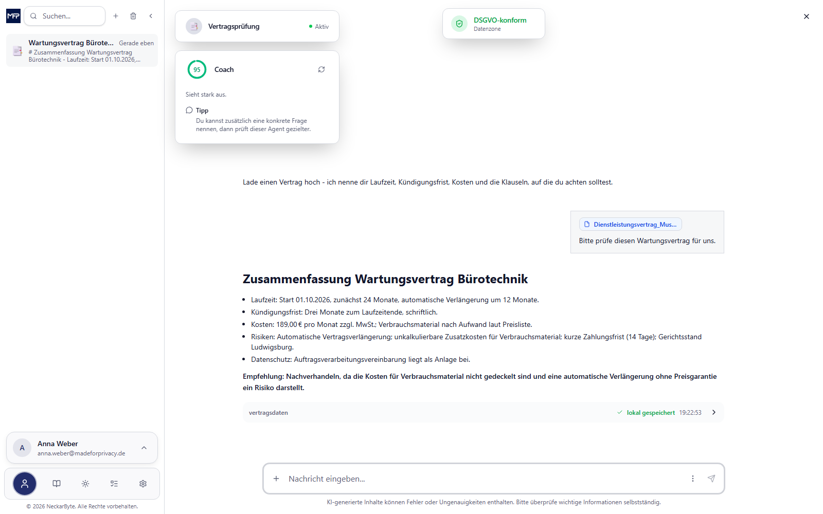 MadeForPrivacy Client: Vertragsprüfung mit Zusammenfassung, Empfehlung und Coach